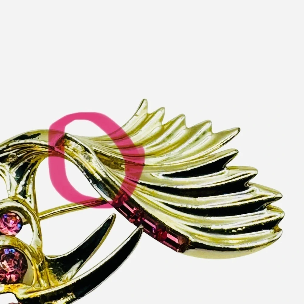 Vintage Gold Plated Sterling Silver Fish Brooch Pink Rhinestones with Stamp.
